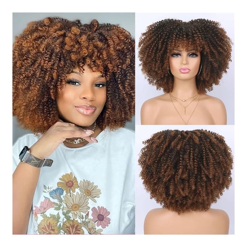 70s 80s Afro Wig for Black Women,Synthetic Short Kinky Curly Wig with Bangs for Daily Party Wear for Women with Thinning Hair(1BT350) - Image 2