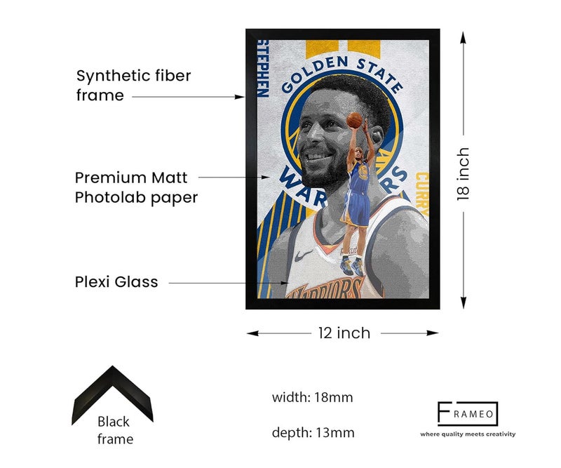 FRAMEO STORE Stephen Curry Golden State Warriors Poster Glass frame Stephen Curry warriors wall art framed poster A3 size 12 X 18 Inches - Image 4