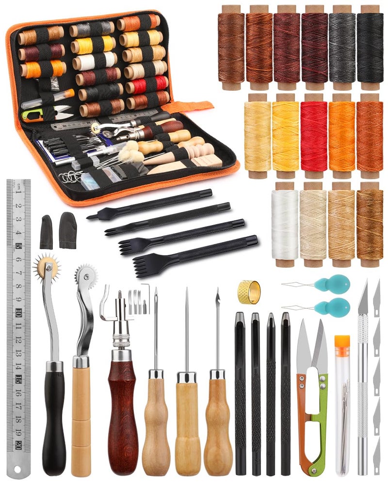 BUTUZE Leather Working Tools, Practical Leather Craft Kit with Waxed Thread Groover Awl Stitching Punch Hole for Leathercraft Beginner or Adults Gifts - Image 1