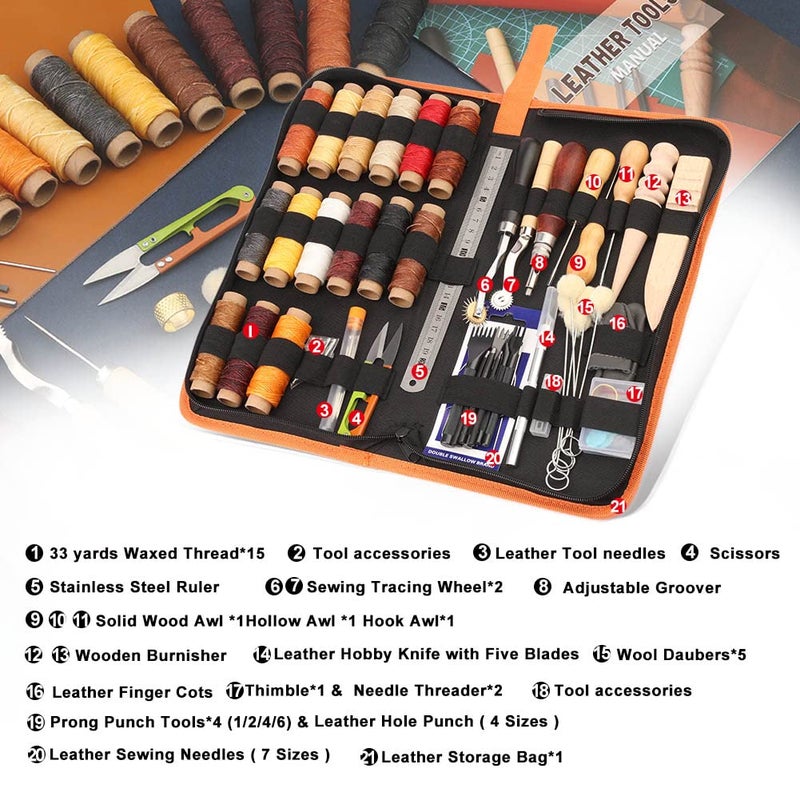 BUTUZE Leather Working Tools, Practical Leather Craft Kit with Waxed Thread Groover Awl Stitching Punch Hole for Leathercraft Beginner or Adults Gifts - Image 2