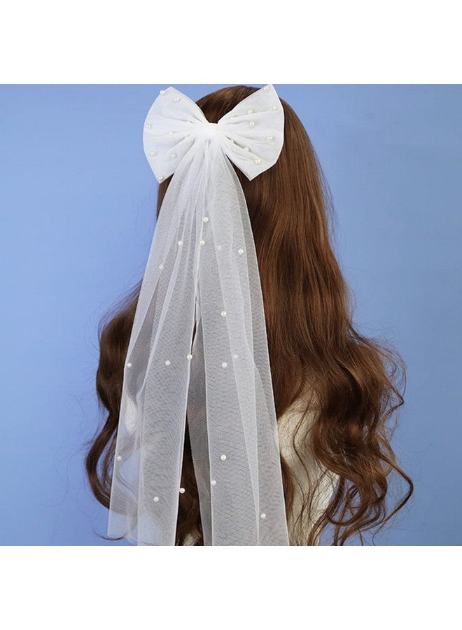 Bolonar Pearl White Hair Clip with Bow and Veil, Large 8' W x 18' L, Handmade for Bachelorette Party, Bridal Shower, Wedding, Bridesmaid Gift, Engagement Party, Daily Wear - Image 5