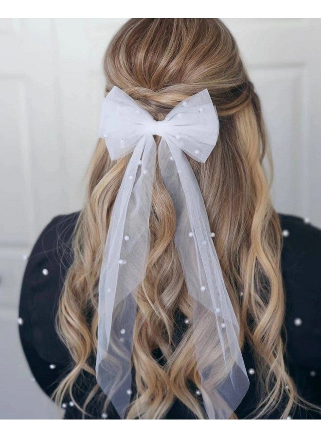 Bolonar Pearl White Hair Clip with Bow and Veil, Large 8' W x 18' L, Handmade for Bachelorette Party, Bridal Shower, Wedding, Bridesmaid Gift, Engagement Party, Daily Wear - Image 4