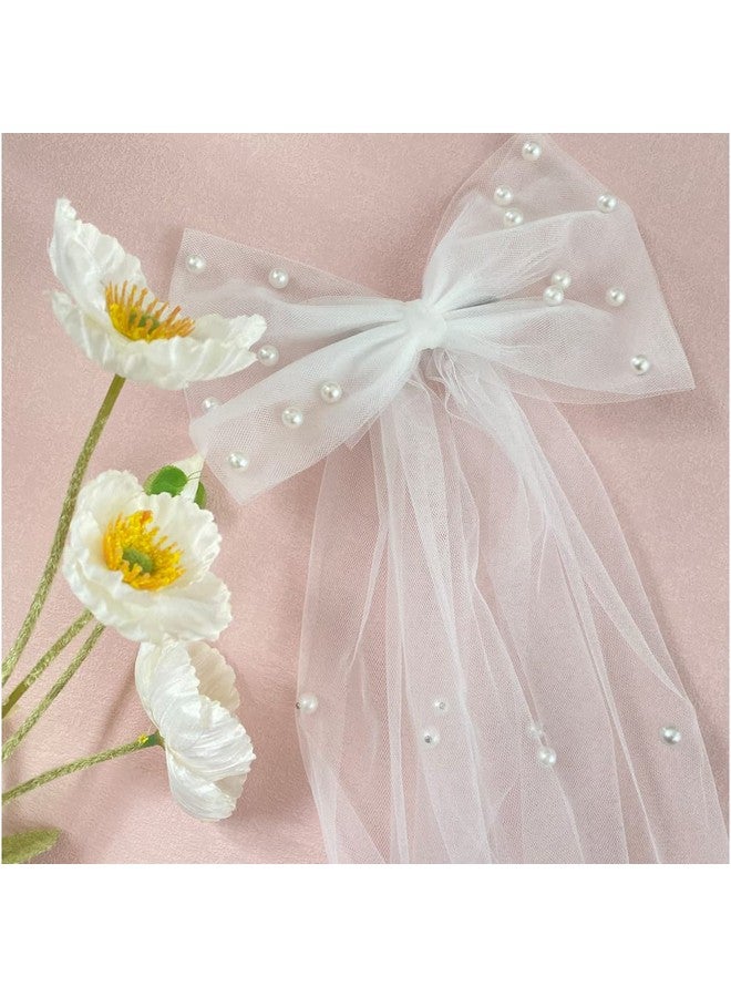 Bolonar Pearl White Hair Clip with Bow and Veil, Large 8' W x 18' L, Handmade for Bachelorette Party, Bridal Shower, Wedding, Bridesmaid Gift, Engagement Party, Daily Wear - Image 2