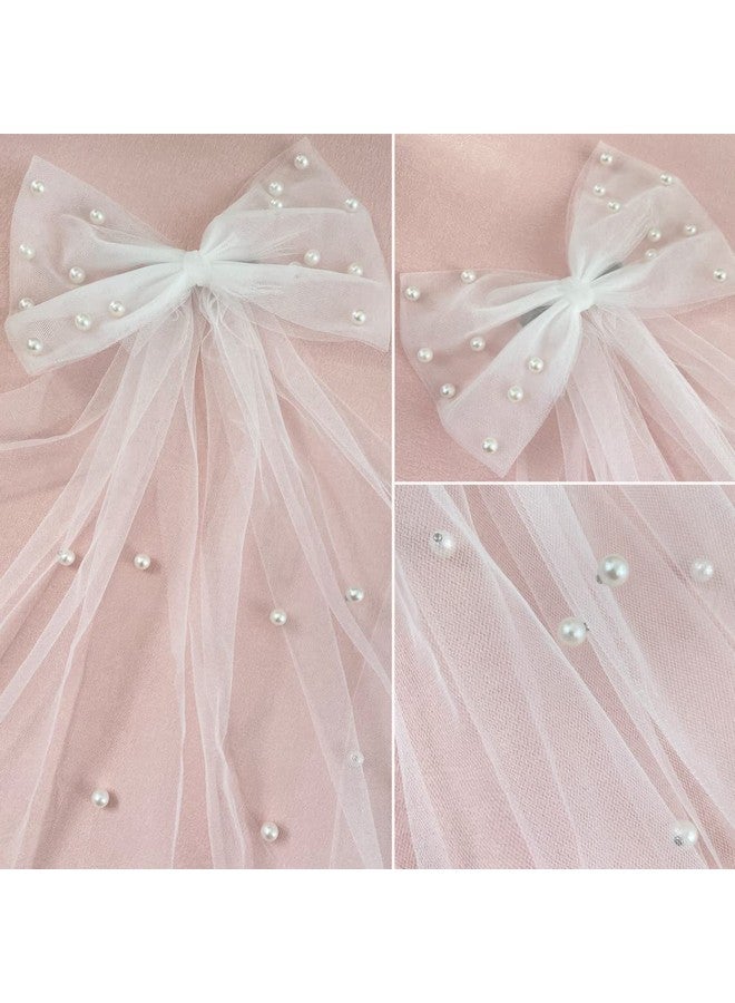 Bolonar Pearl White Hair Clip with Bow and Veil, Large 8' W x 18' L, Handmade for Bachelorette Party, Bridal Shower, Wedding, Bridesmaid Gift, Engagement Party, Daily Wear - Image 3