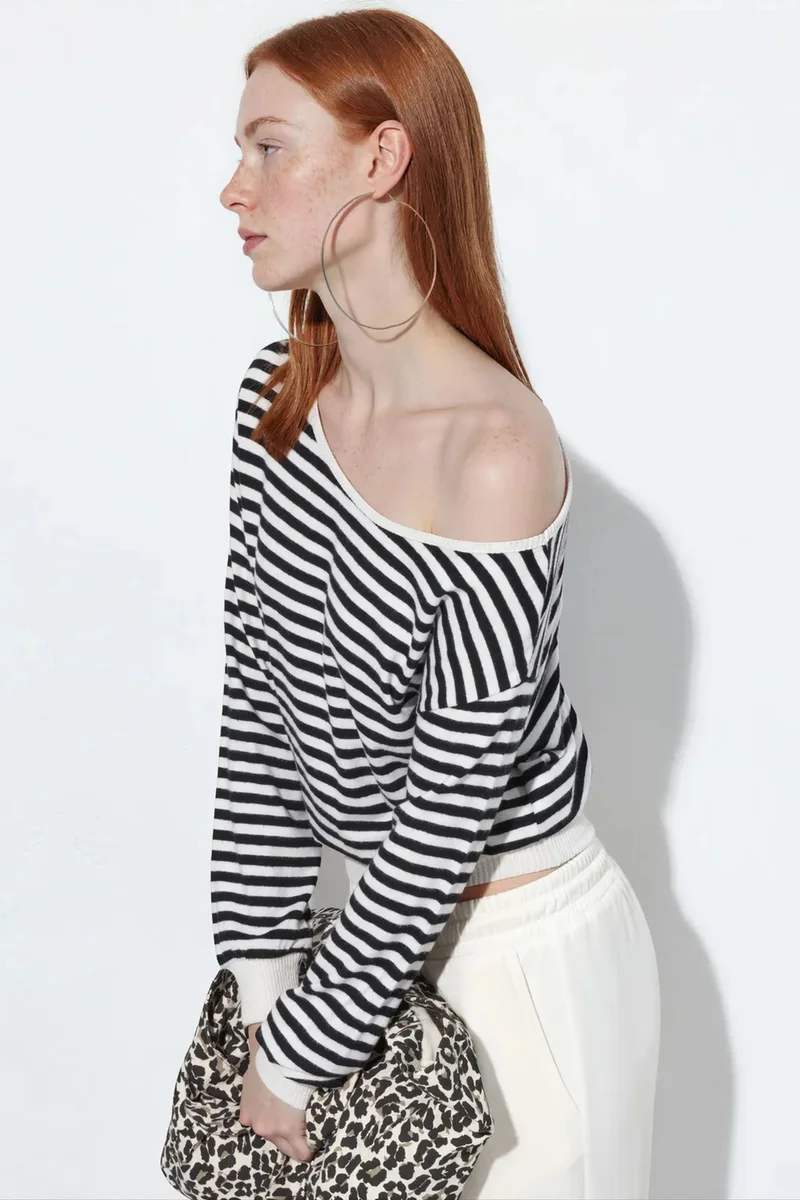 بوسيم BUSEM Women's Striped Long-sleeve Ribbed T-shirt