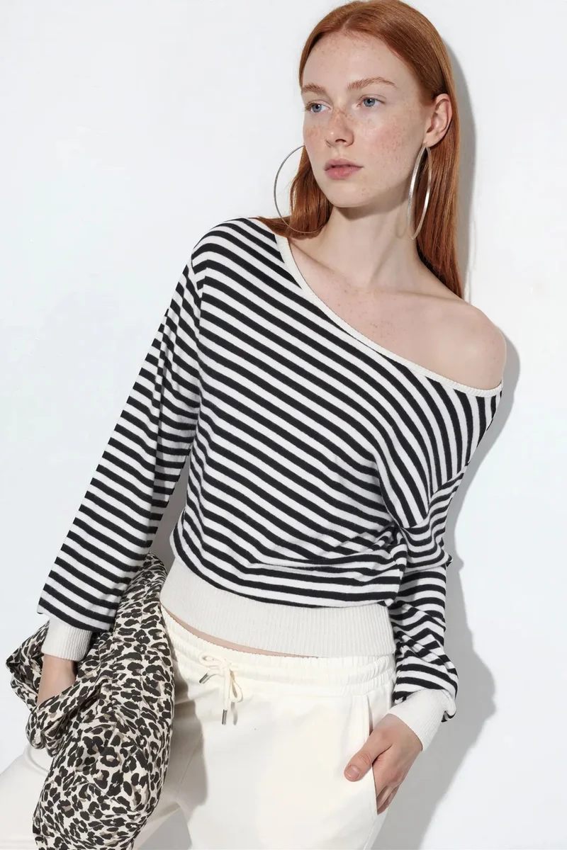 BUSEM Women's Striped Long-sleeve Ribbed T-shirt
