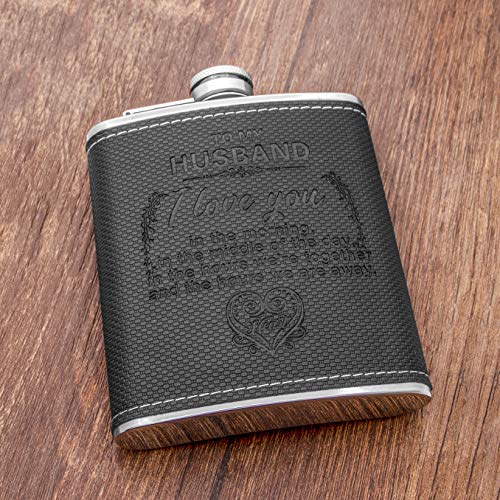 K KENON Personalized Black Flask Set Father's Day Gift For Husband - Engraved Hip Flasks For Husband - Stainless Steel with Leather Flask For Men, Valentine's Christmas Gift For Husband - Image 5