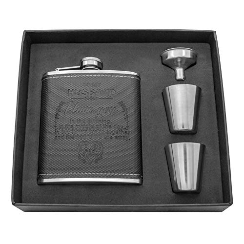 K KENON Personalized Black Flask Set Father's Day Gift For Husband - Engraved Hip Flasks For Husband - Stainless Steel with Leather Flask For Men, Valentine's Christmas Gift For Husband - Image 1