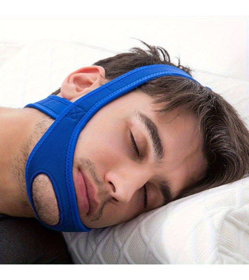 حزام الذقن الأزرق لجهاز CPAP لمكافحة الشخير وانقطاع النفس النومي، دعم قابل للتعديل للفك، مصنوع من مزيج ناعم من البوليستر والإسباندكس، تصميم مريح ولطيف منحني يناسب معظم المقاسات. - Image 2