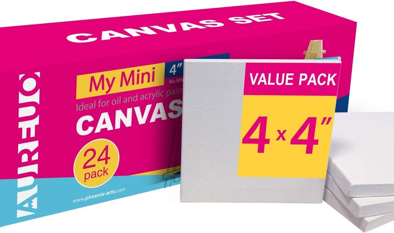 AUREUO Mini Stretched Canvas - 4x4 Inch/24 Pack - 2/5 Inch Profile Small Square Canvas - Gift Set Bulk Pack Canvases for Acrylic Painting & Craft - Image 1
