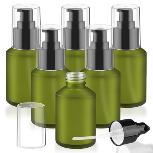 Wresty 6 Pcs Empty Glass Pump Bottles Refillable Cream Lotion Bottles Travel Sample Bottles Cosmetic Dispenser Bottles Containers For Lotion Cream Emulsion Essence (Green, 60ml/2oz) - Image 1
