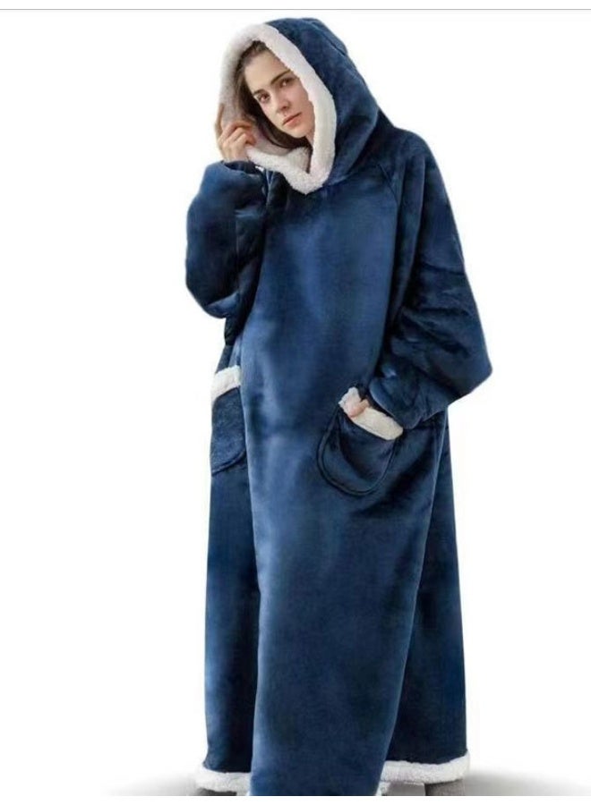 Thickened Flannel Warm Pullover Pajamas, Extra-large Long-sleeved Hooded Loungewear, Suitable for Home or Office Use, Unisex—Blue