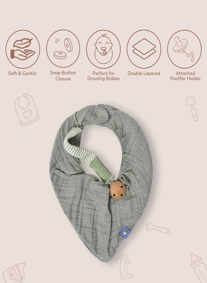 Mi Arcus 100% Cotton Muslin Dual Layer Drool Bib with Pacifier Band Set with Snap Button Closure for Baby Boys Girls - Green - Image 2