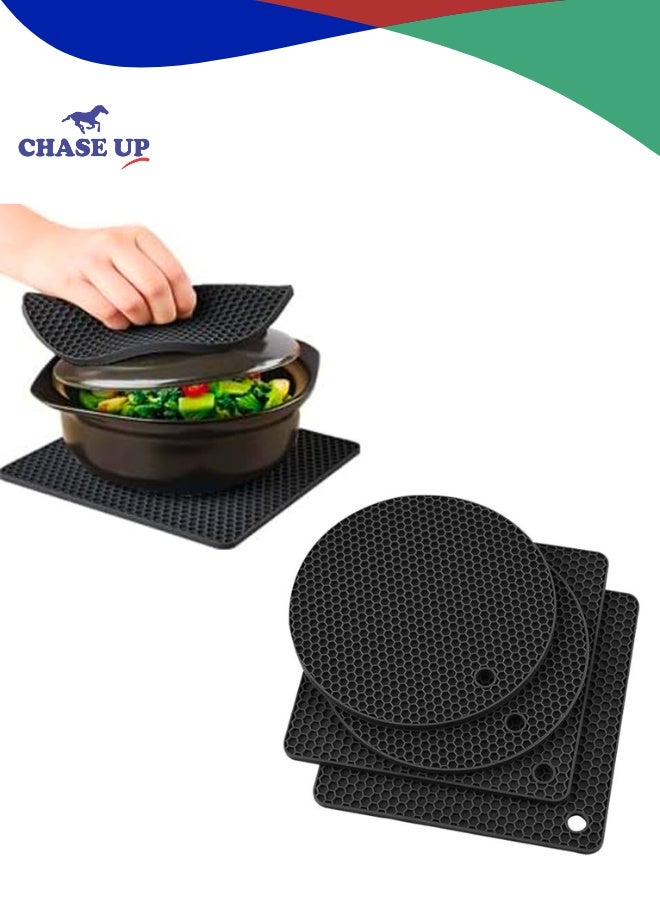 Chase Up Silicone Trivet Mats - 4 Heat Resistant Pot Holders | Multipurpose Non-Slip Hot Pads for Kitchen Potholders | Trivets for hot pots & Pans | Extra Thick Hot Pads for Kitchen (Black) - Image 1