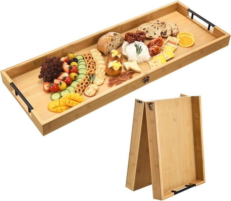 GLOKUUCA Large Charcuterie Board with Handles, 32 x 12 Inch Foldable Bamboo Serving Cheese Boards - Serving Platter for Meat, Party Appetizers, Outdoor & Fruit - Image 1