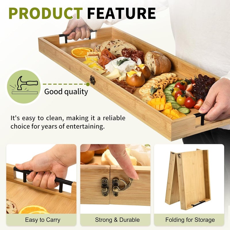 GLOKUUCA Large Charcuterie Board with Handles, 32 x 12 Inch Foldable Bamboo Serving Cheese Boards - Serving Platter for Meat, Party Appetizers, Outdoor & Fruit - Image 3