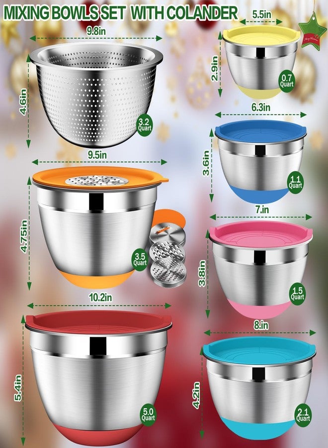 DUTZUN Stainless Steel Mixing Bowls - 16pcs Mixing Bowl Set inkl. 6 Prep Bowls with 6 Lids, 3 Grater Attachments, Colander - Nesting Bowls with Strainer for Mixing & Serving - Multicolor - Image 2
