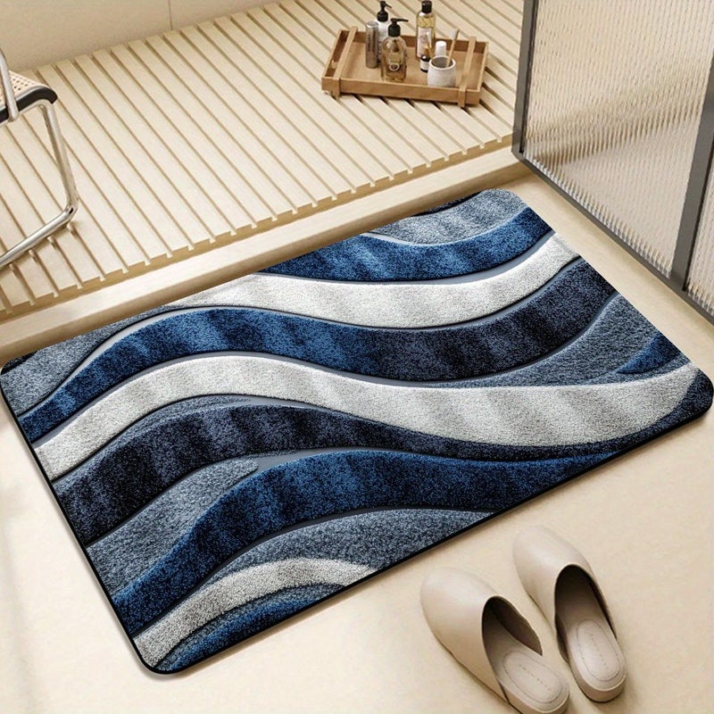 Blue Gray Wave Texture Soft Fluffy Washable Floor Mat 60x90cm - Image 1