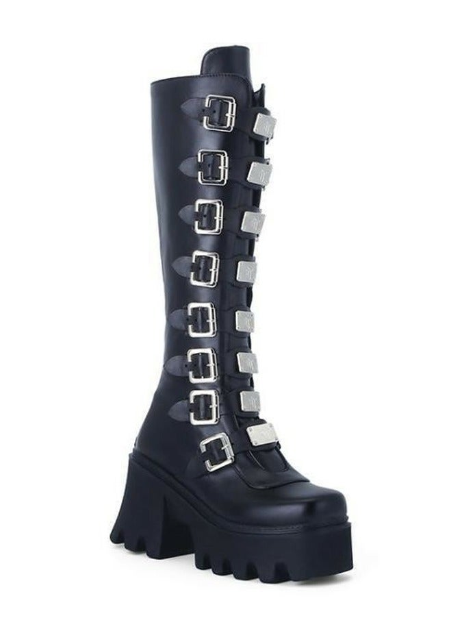 Loquat Women's Punk Thick Soled Buckle Knee High Boots Round toe Platform Booties Black  - Image 1