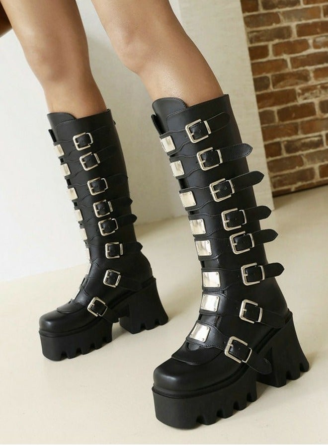 Loquat Women's Punk Thick Soled Buckle Knee High Boots Round toe Platform Booties Black  - Image 2