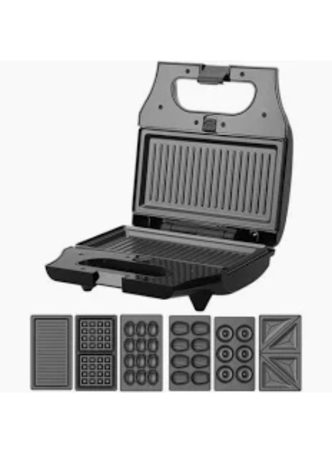 دي اس بي صانعة الساندويتشات DSP KC1238 6 في 1، مناسبة للساندويتشات المثلثة، والمخططة، والوافل، والمكسرات، والدونات، والحلوى، مزودة بمنظم حرارة، بقوة 800 واط، باللونين الأسود والفضي. - Image 1