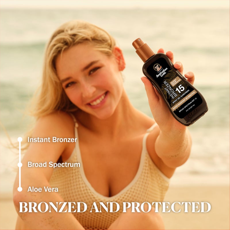 Australian Gold جل واقي الشمس الأسترالي بخاخ مع برونزر فوري SPF 15، 8 أونصة | يرطب وينعش البشرة | طيف واسع | مقاوم للماء | غير دهني SPF 15 8 فل أونصة (عبوة من 1) - Image 2