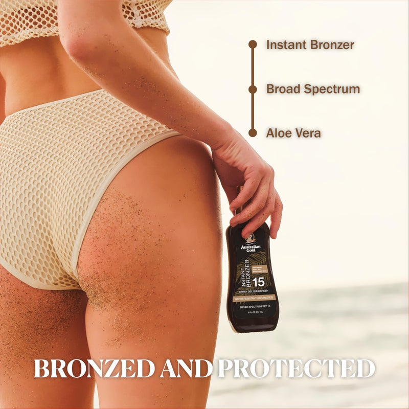 Australian Gold جل واقي الشمس الأسترالي بخاخ مع برونزر فوري SPF 15، 8 أونصة | يرطب وينعش البشرة | طيف واسع | مقاوم للماء | غير دهني SPF 15 8 فل أونصة (عبوة من 1) - Image 4