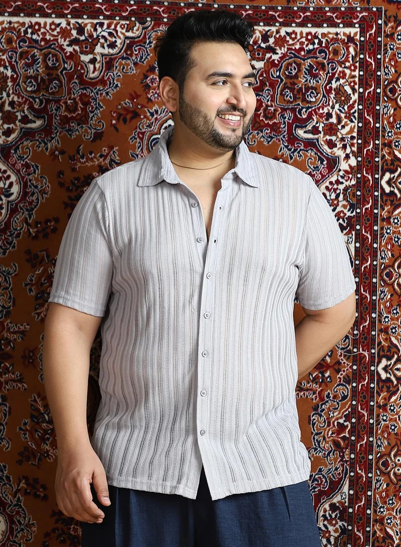 انستافاب بلس Men's Cloud Grey Ridge Knit Shirt For Casual Wear | Spread Collar | Short Regular Sleeves | Button Closure | Plus Size Shirt Crafted With Comfort Fit For Everyday Wear