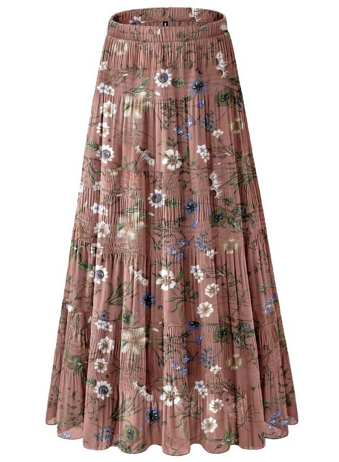 NiPaMi Women's Chiffon White Flowy Maxi Skirts Boho Fall Elastic Waisted Pleated A Line Long Skirt for Women 2025, Dark Pink Floral-95, S - Image 1