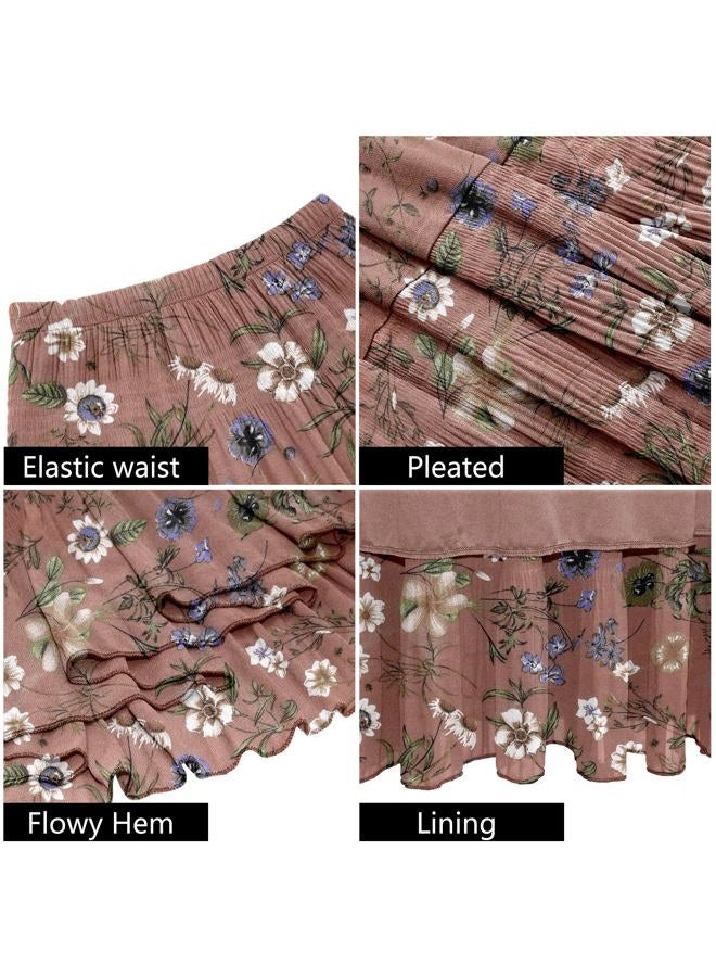 NiPaMi Women's Chiffon White Flowy Maxi Skirts Boho Fall Elastic Waisted Pleated A Line Long Skirt for Women 2025, Dark Pink Floral-95, S - Image 5