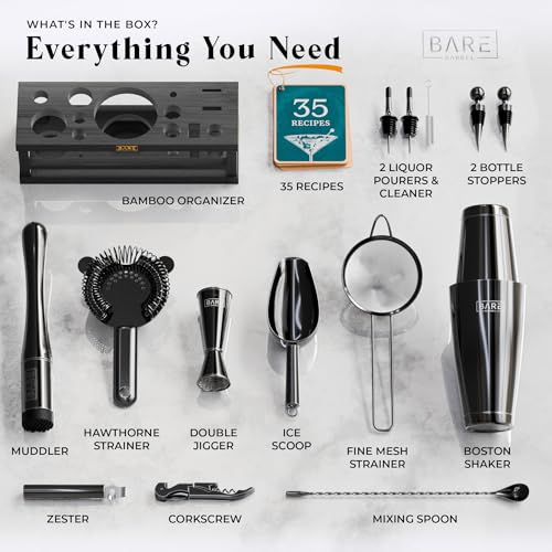 BARE BARREL® Mixology Bartender Kit Bar Set | 16-Piece Cocktail Shaker Set | Martini Barware Mixing Tools for Home Bartending | Incl. 35 Recipe Cards | Gift Set (28oz Boston Shaker, Jet Black/Black) - Image 4