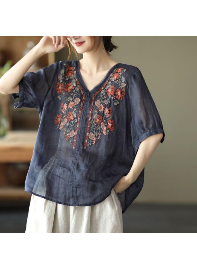 VUELO Artistic Retro Heavy Industry Embroidered Summer Cotton And Linen Top Women's Lace Stitching V-neck Shirt Elegant Pullover Shirt - Image 1