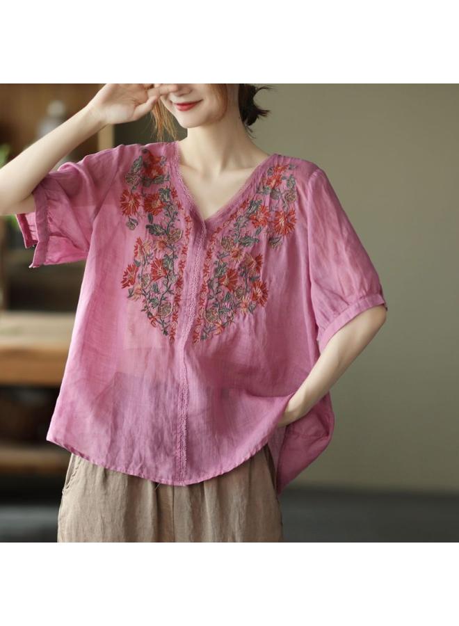 VUELO Artistic Retro Heavy Industry Embroidered Summer Cotton And Linen Top Women's Lace Stitching V-neck Shirt Elegant Pullover Shirt - Image 4