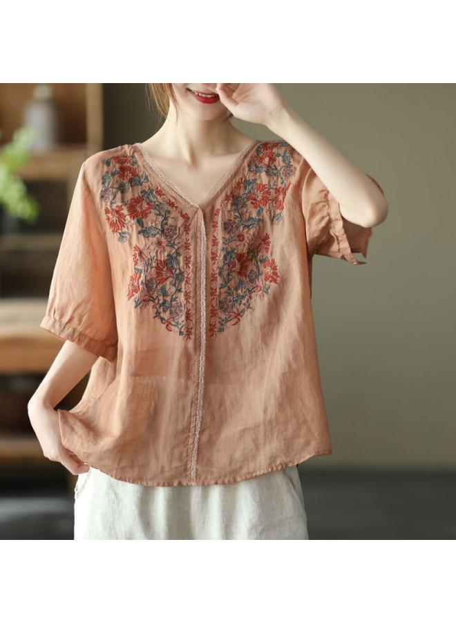 VUELO Artistic Retro Heavy Industry Embroidered Summer Cotton And Linen Top Women's Lace Stitching V-neck Shirt Elegant Pullover Shirt - Image 3