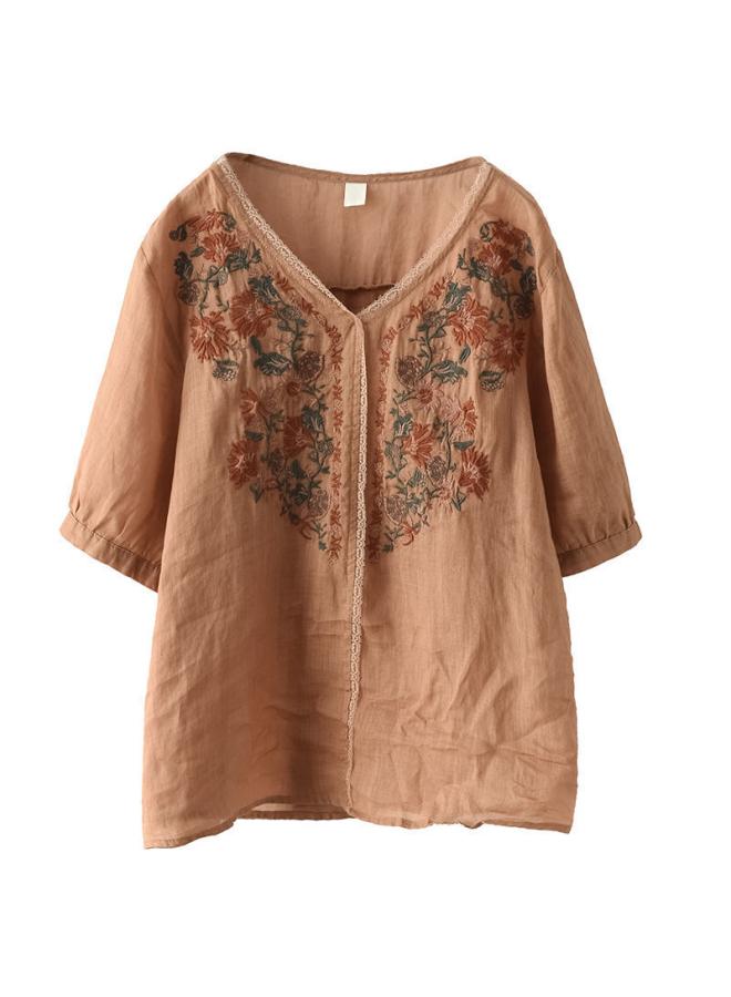 VUELO Artistic Retro Heavy Industry Embroidered Summer Cotton And Linen Top Women's Lace Stitching V-neck Shirt Elegant Pullover Shirt - Image 5