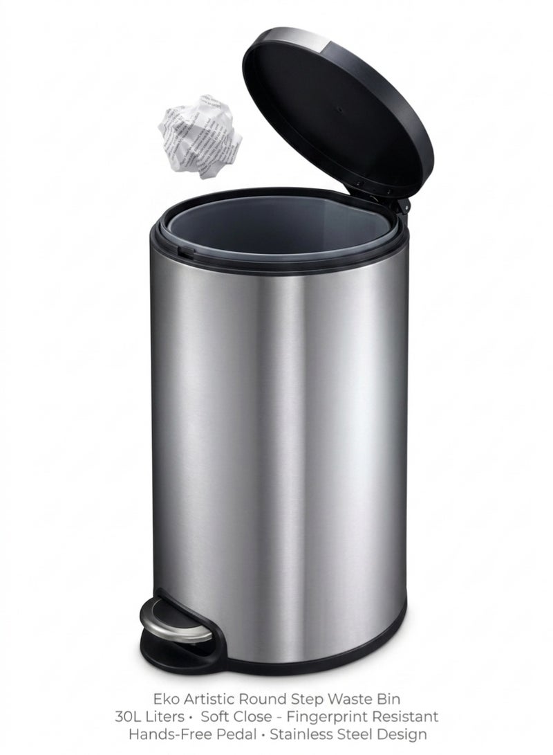 EKO Artistic 30L Stainless Steel Round Step Bin With Soft Close Lid & Fingerprint-Resistant Finish - Image 2