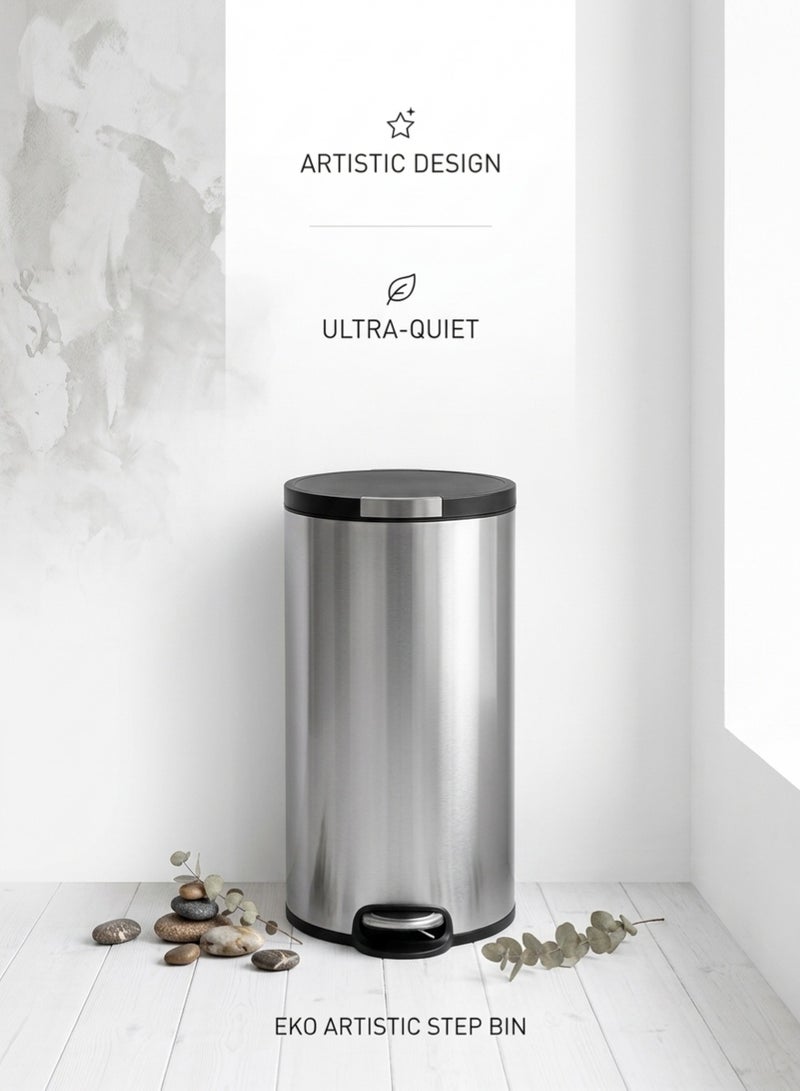 EKO Artistic 30L Stainless Steel Round Step Bin With Soft Close Lid & Fingerprint-Resistant Finish - Image 3