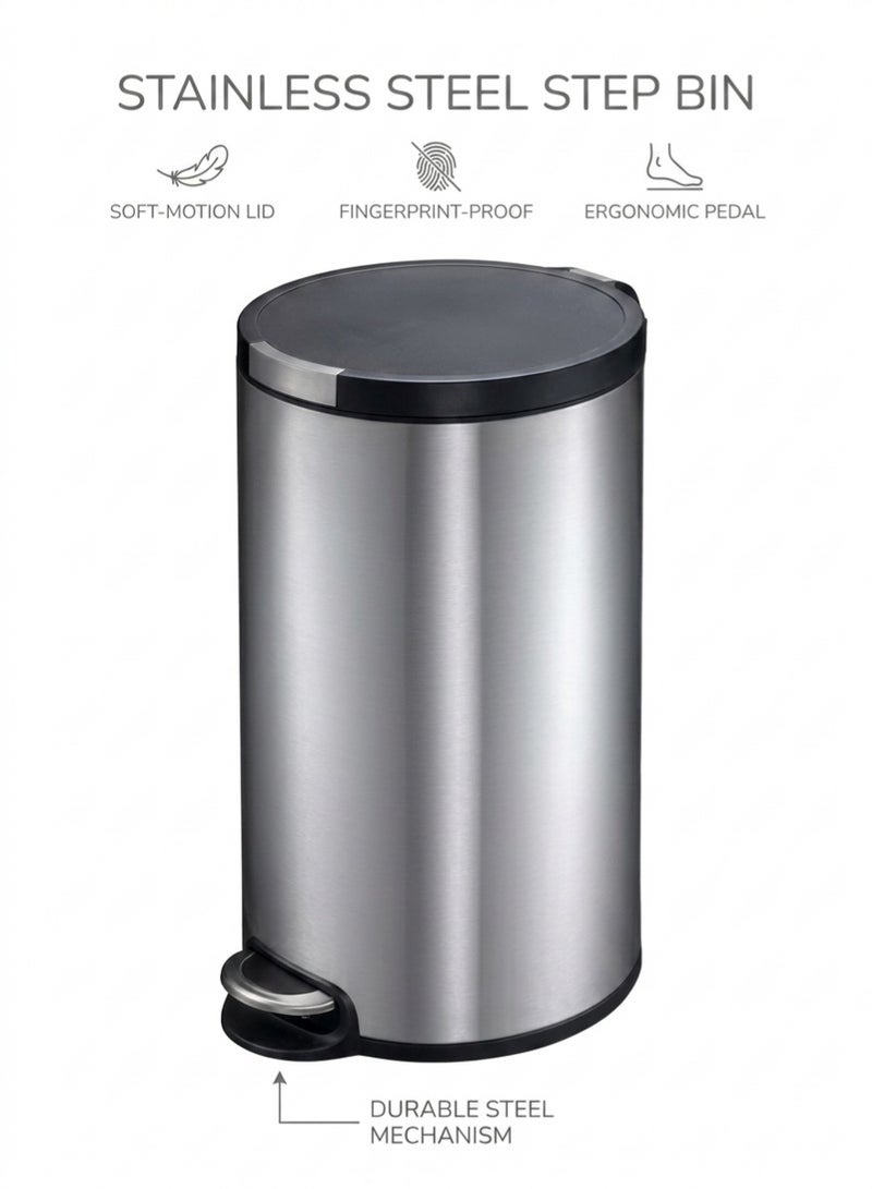 EKO Artistic 30L Stainless Steel Round Step Bin With Soft Close Lid & Fingerprint-Resistant Finish - Image 4