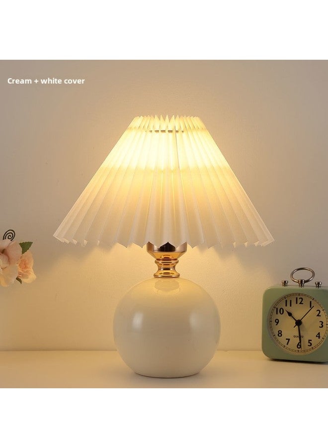 Generic Nordic Ins Style Bedroom Bedside Lamp Net Red Light Girl Warm Nightlight High-end Ceramic Pleated Table Lamp-Color:Cream Ceramic White Cover-dimming Third Gear 7 Watts - Image 1