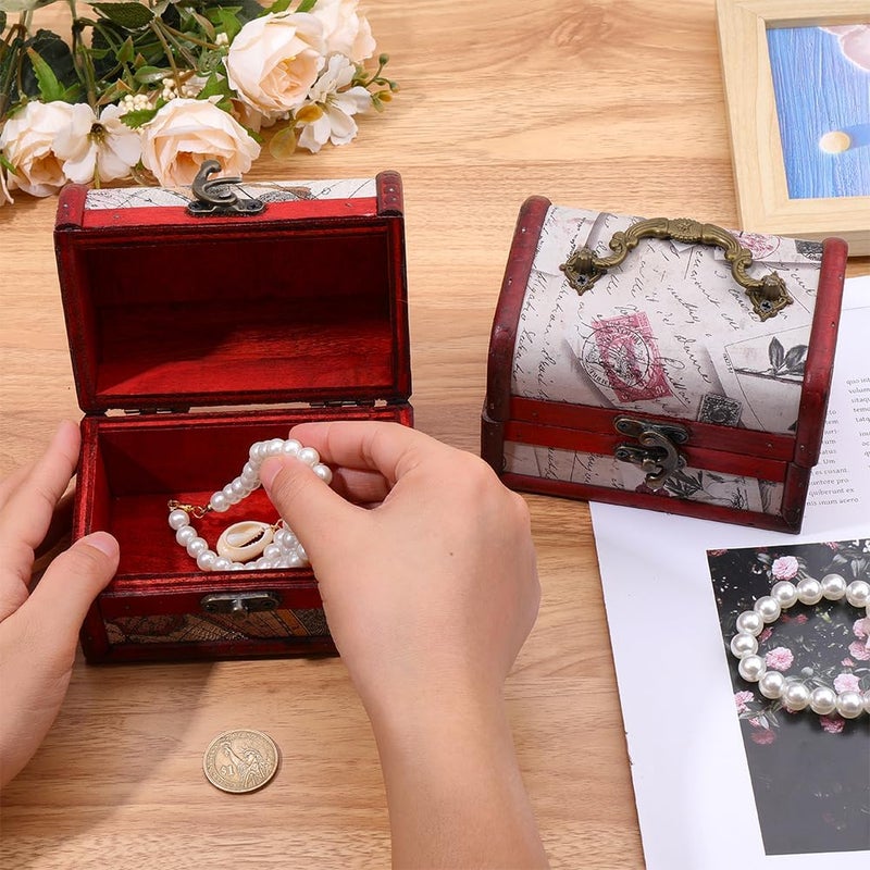 CALFOVERA Mini Vintage Wooden Jewelry Stroage Cases Retro Pirate Treasure Chest Keepsake Box Small European Decorative PU Leather Treasure Box with Handle for Jewelry Pearl Trinkets Birthday Gifts - Image 3