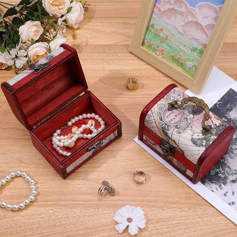 CALFOVERA Mini Vintage Wooden Jewelry Stroage Cases Retro Pirate Treasure Chest Keepsake Box Small European Decorative PU Leather Treasure Box with Handle for Jewelry Pearl Trinkets Birthday Gifts - Image 4