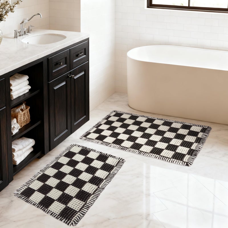 MatEssenz 2 Piece Checkered Bath Mat Set (17"x24" & 18"x30"), Black and White Waffle Weave Bathroom Rugs with Tassels, Non-Slip Quick Dry Shower Mats, Machine Washable Skin-Friendly Boho Decor - Image 1