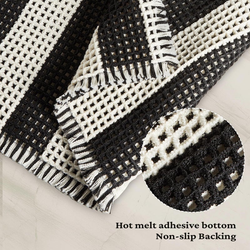 MatEssenz 2 Piece Checkered Bath Mat Set (17"x24" & 18"x30"), Black and White Waffle Weave Bathroom Rugs with Tassels, Non-Slip Quick Dry Shower Mats, Machine Washable Skin-Friendly Boho Decor - Image 3