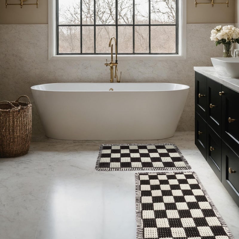 MatEssenz 2 Piece Checkered Bath Mat Set (17"x24" & 18"x30"), Black and White Waffle Weave Bathroom Rugs with Tassels, Non-Slip Quick Dry Shower Mats, Machine Washable Skin-Friendly Boho Decor - Image 2