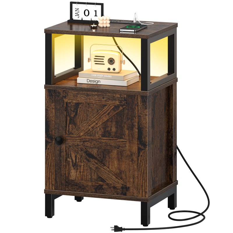 Yoobure Farmhouse NightStand with Charging Stationï¼ŒWood Night Stand End Table with USB Ports, LED Bed Side Table with Storage Cabinetï¼ŒBedside Table for Bedroom, Living Room Rustic Brown - Image 1