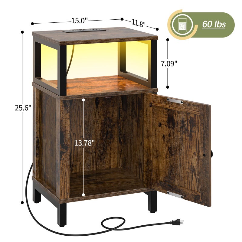 Yoobure Farmhouse NightStand with Charging Stationï¼ŒWood Night Stand End Table with USB Ports, LED Bed Side Table with Storage Cabinetï¼ŒBedside Table for Bedroom, Living Room Rustic Brown - Image 3