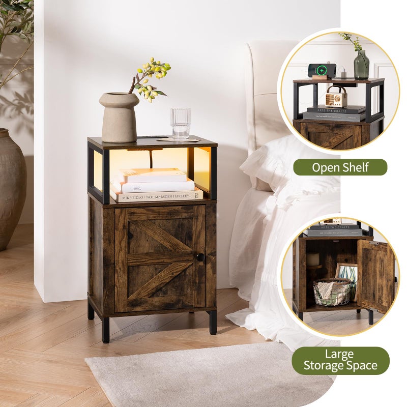Yoobure Farmhouse NightStand with Charging Stationï¼ŒWood Night Stand End Table with USB Ports, LED Bed Side Table with Storage Cabinetï¼ŒBedside Table for Bedroom, Living Room Rustic Brown - Image 2