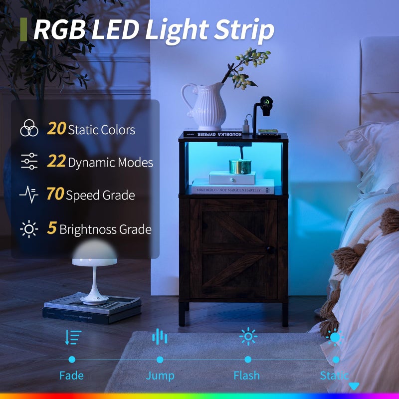 Yoobure Farmhouse NightStand with Charging Stationï¼ŒWood Night Stand End Table with USB Ports, LED Bed Side Table with Storage Cabinetï¼ŒBedside Table for Bedroom, Living Room Rustic Brown - Image 4