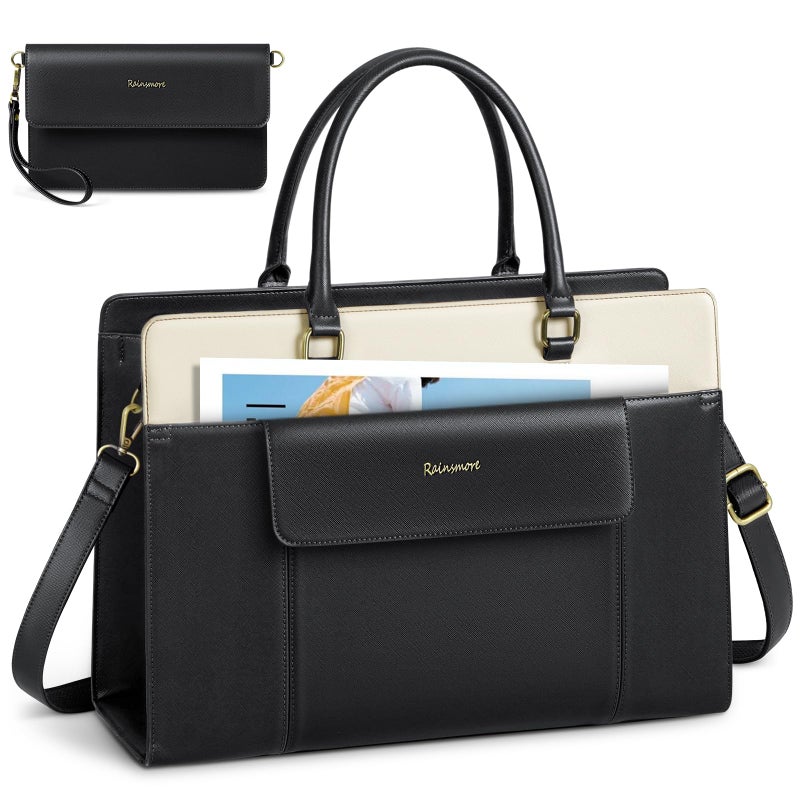 RAINSMORE Laptop Bag for Women 15.6 inch Leather Laptop Tote Bag Large Computer Bags Waterproof Business Office Work Bags Briefcase with Satchel Purse 2pcs Set, Black - Image 1