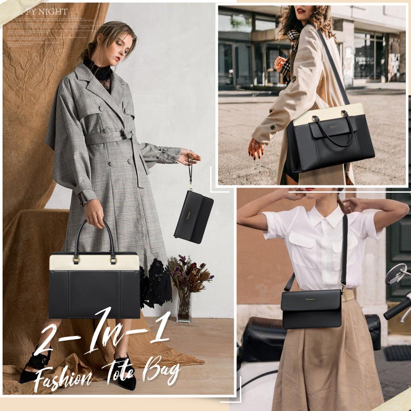 RAINSMORE Laptop Bag for Women 15.6 inch Leather Laptop Tote Bag Large Computer Bags Waterproof Business Office Work Bags Briefcase with Satchel Purse 2pcs Set, Black - Image 2